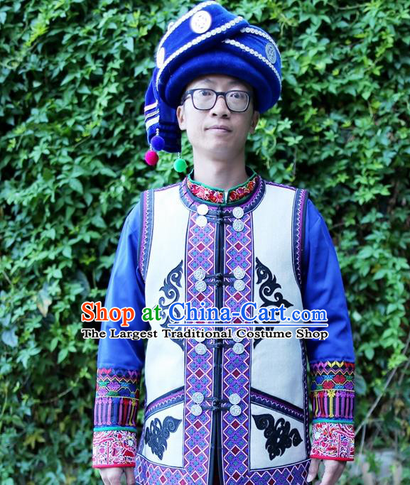 Chinese Bai Nationality White Flax Vest Quality Ethnic Men Costumes Short Waistcoat