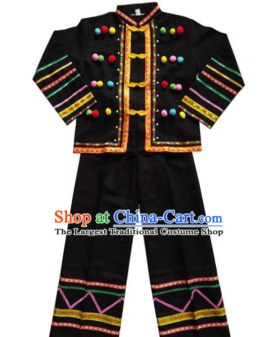 Chinese Lahu Nationality Black Uniforms Quality Ethnic Shirt and Pants for Men