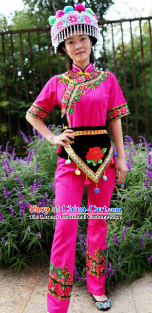 China Chuxiong Yi Nationality Folk Dance Costumes Chinese Yunnan Yi Ethnic Women Embroidered Rosy Blouse and Pants with Headwear