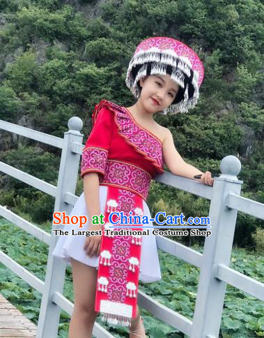 Top Quality Ethnic Women Red Short Dress China Yunnan Miao People Embroidered Costumes Miao Minority One Shoulder Clothing