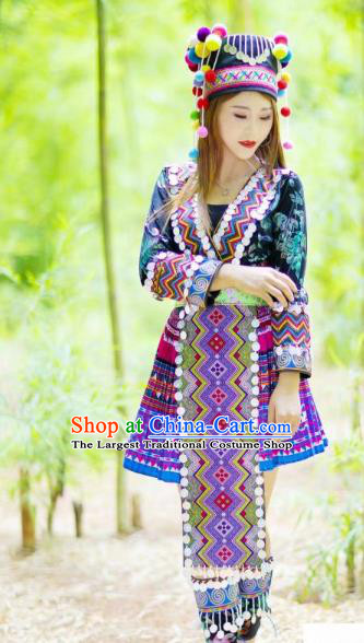 Top Quality Yunnan Mengzi Clothing China Miao Ethnic Women Short Dress Embroidered Blouse and Skirt and Hat