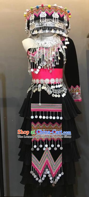 China Wenshan Miao People Clothing Female Photography Embroidered Outfits Miao Ethnic Minority Black Dress and Headpiece