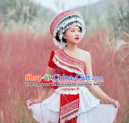 China Guizhou Miao Ethnic Female Costumes Minority Nationality Photography Clothing Miao People Red Blouse and Short Skirt with Tassel Round Hat