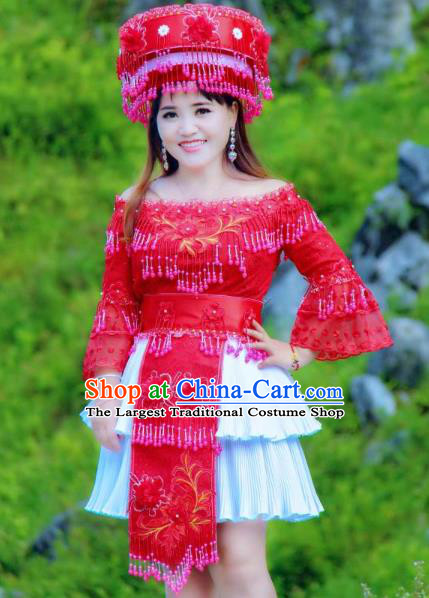 China Ethnic Folk Dance Red Blouse and Short Skirt Miao Ethnic Nationality Bride Costumes with Red Hat