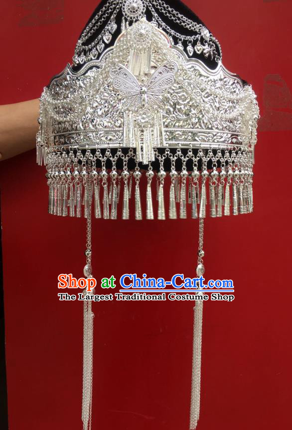 Chinese Traditional Minority Headwear Nationality Bride Headdress Miao Ethnic Wedding Argent Butterfly Hat