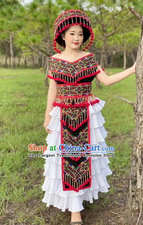 China Yunnan Yi Minority Women Dress Ethnic Nationality Stage Performance Embroidered Costumes and Headwear