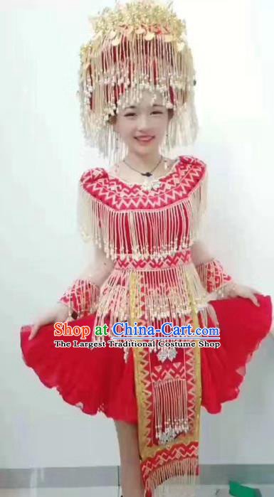 China Sichuan Ethnic Red Blouse and Short Skirt Nationality Folk Dance Costumes Minority Women Clothing with Headdress