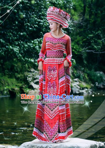 Guizhou Minority Folk Dance Red Long Dress Traditional Wedding Women Costumes China Miao Ethnic Bride Apparels and Hat