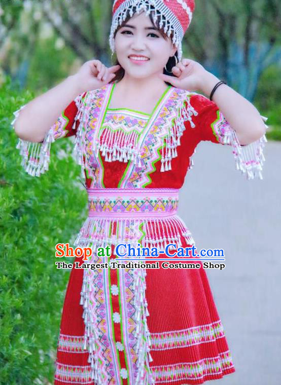 China Ethnic Apparels Miao Minority Folk Dance Red Short Dress Traditional Nationality Women Costumes and Hat