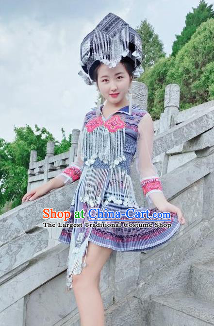 China Xiangxi Ethnic Women Apparels Traditional Miao Nationality Costumes Minority Folk Dance Short Dress and Headwear