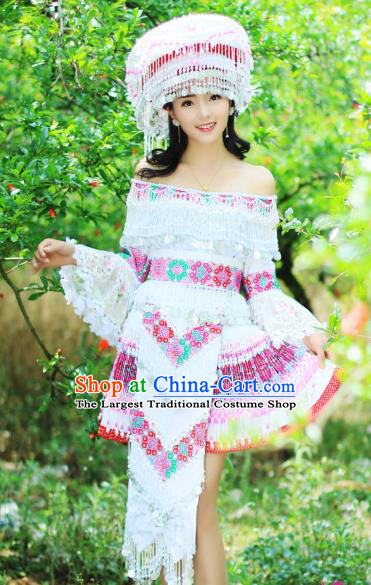 China Wenshan Miao Minority Costumes Traditional Yunnan Ethnic Folk Dance Apparels Nationality White Short Dress and Headwear