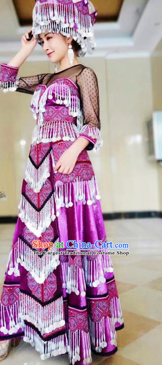 China Traditional Yunnan Miao Ethnic Folk Dance Apparels Minority Stage Performance Purple Long Dress Nationality Women Costumes and Headwear