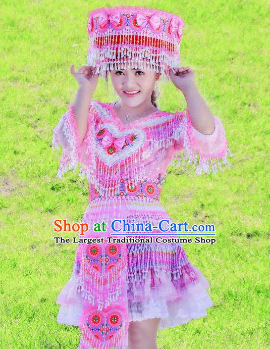 Wenshan Miao Ethnic Women Apparels Minority Folk Dance Costumes China Yunnan Nationality Pink Short Dress and Headpiece