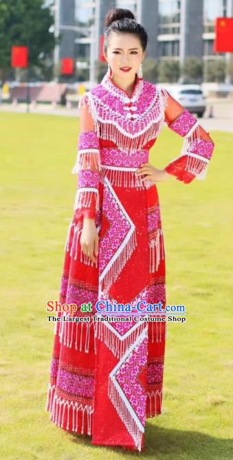 China Miao Nationality Bride Red Dress Ethnic Stage Performance Clothing Travel Photography Costumes with Headdress