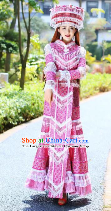 China Ethnic Bride Clothing Miao Nationality Wedding Pink Dress Travel Photography Stage Performance Costumes with Headdress