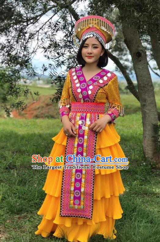 China Ethnic Nationality Stage Performance Costumes Yi Minority Women Clothing Golden Blouse and Long Skirt with Headpiece