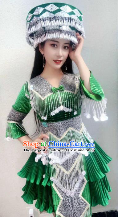 China Wenshan Miao Minority Clothing Travel Photography Green Blouse and Short Skirt Ethnic Women Fashion Costumes with Hat