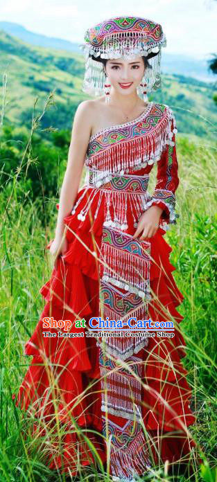 China Tujia Ethnic Festival Women Red Dress Folk Dance Costumes Guizhou Minority Celebration Clothing and Hat