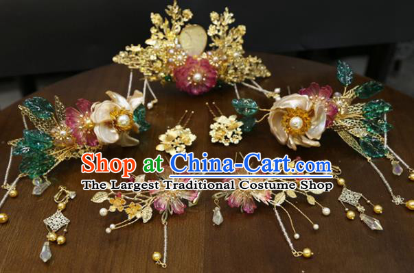 Chinese Traditional Xiuhe Suit Hair Accessories Wedding Bride Hair Crown Tassel Hairpins Full Set