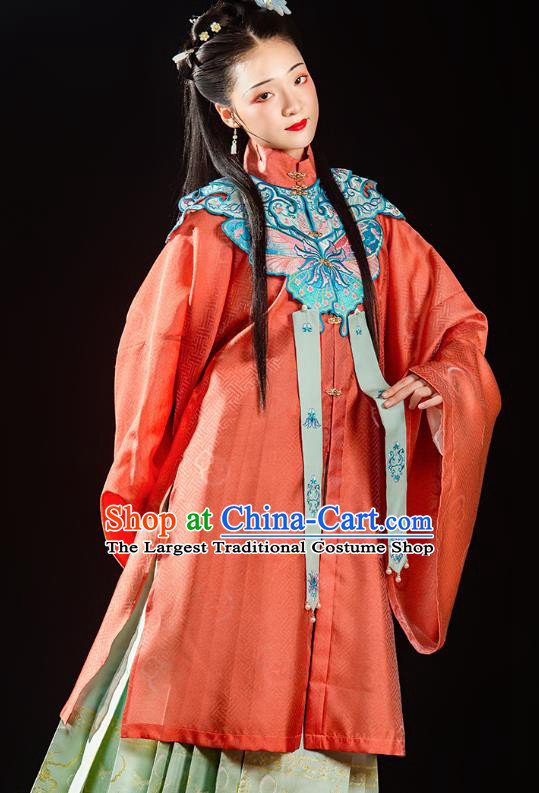 China Ancient Ming Dynasty Royal Princess Historical Costume Traditional Hanfu Clothing Noble Lady Red Gown and Skirt Full Set