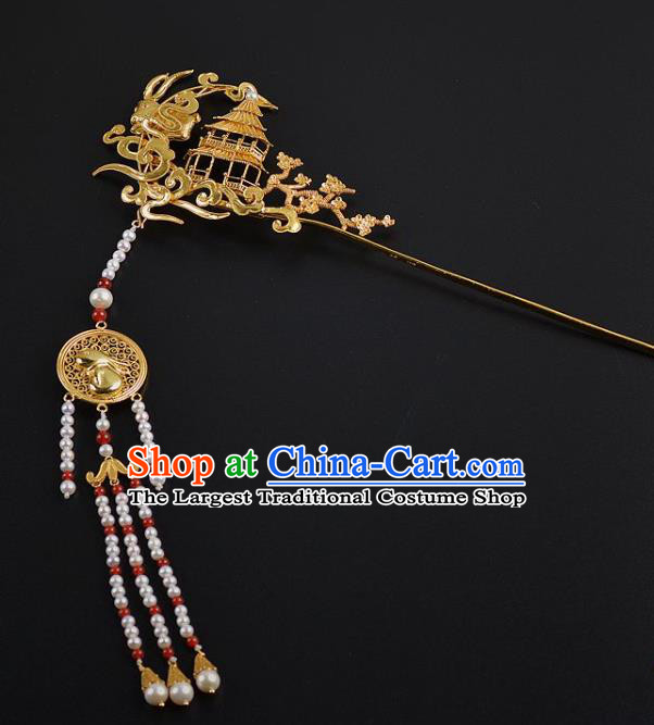 China Ancient Empress Golden Palace Hairpin Handmade Hair Jewelry Traditional Ming Dynasty Beads Tassel Hair Stick