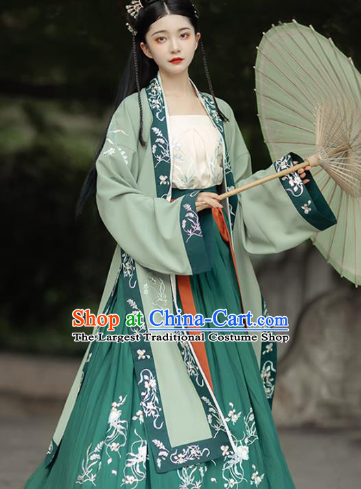 China Song Dynasty Young Lady Historical Clothing Ancient Village Girl Costumes Traditional Green Hanfu Dress