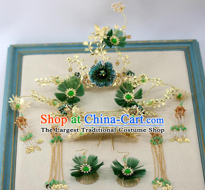 Traditional China Handmade Hair Combs Hair Ornament Wedding Tassel Hairpins Ancient Bride Green Feather Hair Sticks Full Set