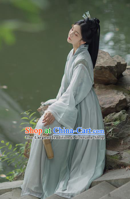 Traditional China Jin Dynasty Noble Infanta Historical Clothing Ancient Female Swordsman Blue Hanfu Dress