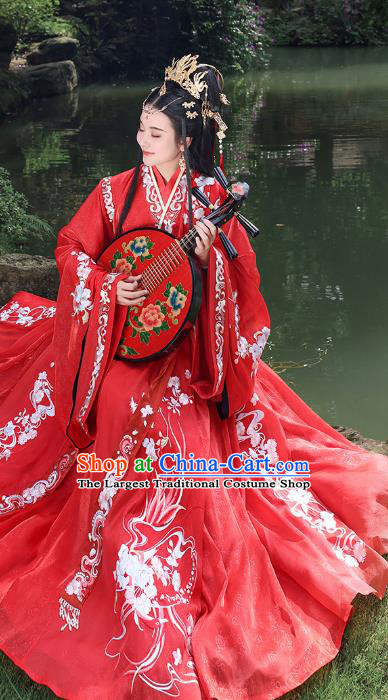 China Traditional Wedding Red Hanfu Dress Jin Dynasty Embroidered Costume Ancient Court Beauty Historical Clothing