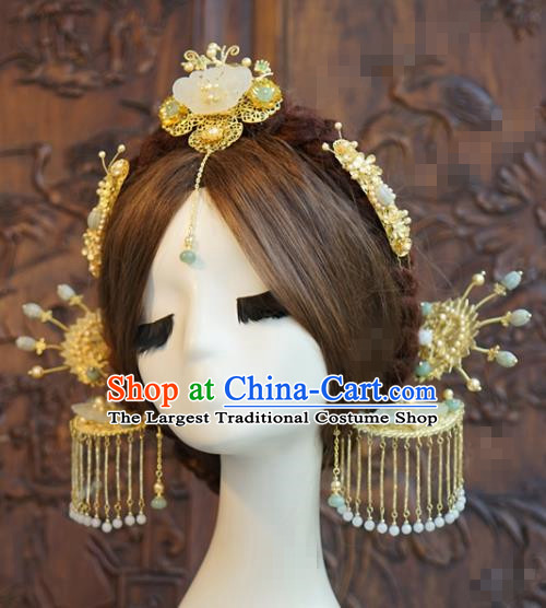China Ancient Bride Jade Butterfly Hair Crown and Tassel Hairpins Traditional Xiuhe Suit Headdress Wedding Hair Accessories Full Set