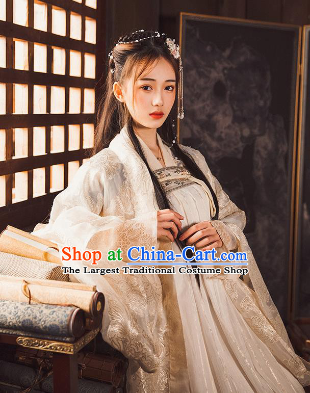 China Ancient Goddess White Hanfu Dress Traditional Tang Dynasty Palace Princess Historical Clothing