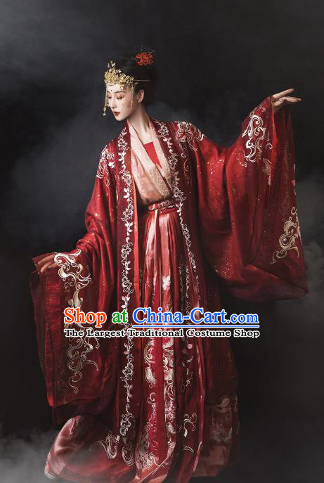 Traditional China Tang Dynasty Wedding Clothing Ancient Royal Princess Embroidered Red Costumes Complete Set