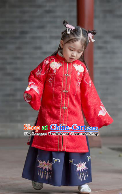 Chinese Traditional Girls Embroidered Red Hanfu Dress Ancient Ming Dynasty Princess Costume for Kids