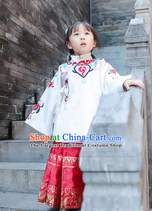 Chinese Traditional Girls Embroidered White Blouse and Skirt Ancient Ming Dynasty Princess Costume for Kids