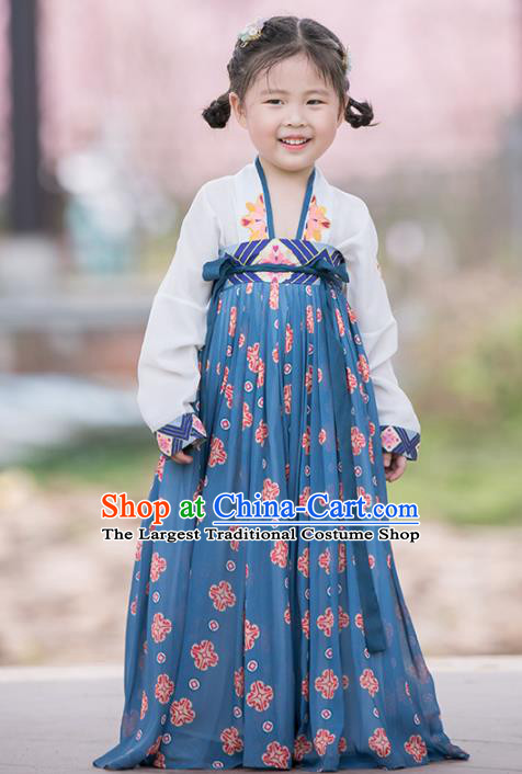 Chinese Traditional Girls Embroidered White Blouse and Blue Skirt Ancient Song Dynasty Princess Costume for Kids