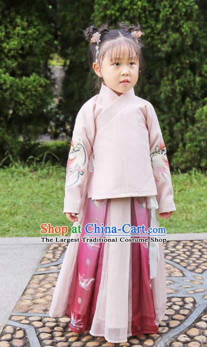 Chinese Traditional Girls Embroidered Pink Blouse and Skirt Ancient Ming Dynasty Princess Costume for Kids