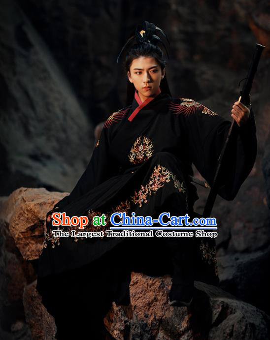 Chinese Ancient Swordsman Black Hanfu Clothing Traditional Ming Dynasty Imperial Guards Embroidered Costumes for Men