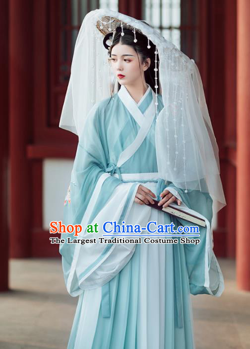 Chinese Ancient Female Swordsman Embroidered Green Hanfu Dress Traditional Jin Dynasty Nobility Lady Costumes for Women