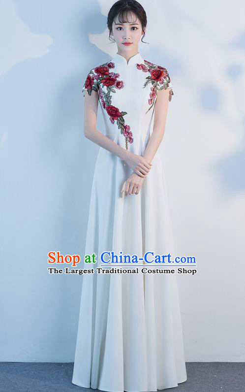 Top Grade Compere Embroidered Roses White Full Dress Annual Gala Stage Show Chorus Costume for Women