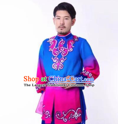 Chinese Traditional Uyghur Nationality Embroidered Blue Clothing Xinjiang Ethnic Folk Dance Costume for Men