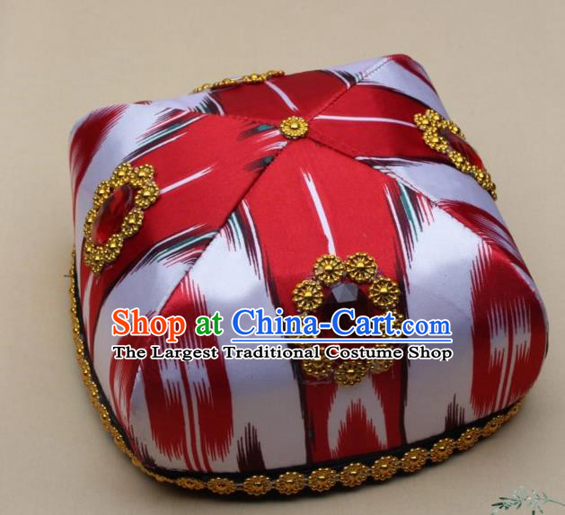 Chinese Traditional Uyghur Nationality Girls Red Ribbon Hat Ethnic Folk Dance Stage Show Headwear for Kids