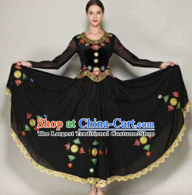 Traditional Chinese Xinjiang Uyghur Nationality Folk Dance Black Dress Ethnic Stage Show Costume for Women