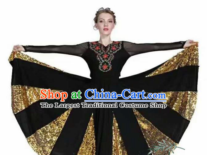 Traditional Chinese Xinjiang Uyghur Nationality Black Dress Ethnic Folk Dance Stage Show Costume for Women