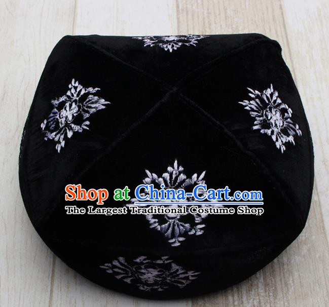 Chinese Traditional Uyghur Minority Embroidered Black Hat Ethnic Xinjiang Folk Dance Headwear for Men