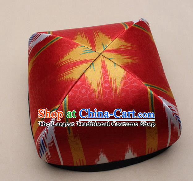 Handmade Chinese Traditional Uyghur Minority Dance Red Silk Hat Ethnic Nationality Headwear for Women