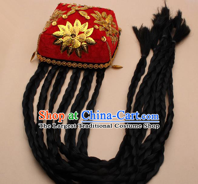 Chinese Traditional Uyghur Minority Dance Braid Paillette Red Hat Xinjiang Ethnic Nationality Headwear for Women