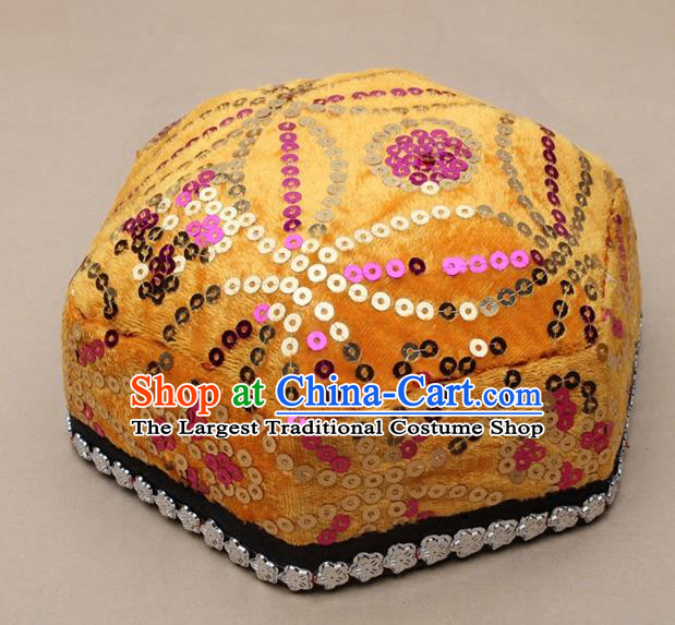 Chinese Traditional Xinjiang Ethnic Dance Hexagon Yellow Hat Uyghur Minority Nationality Headwear for Kids