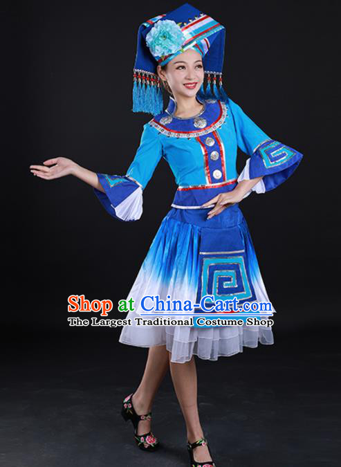 Traditional Chinese Zhuang Nationality Liu Sanjie Blue Dress Guangxi Ethnic Folk Dance Stage Show Costume for Women