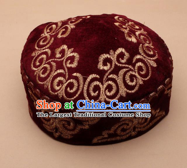 Chinese Traditional Kazak Minority Embroidered Wine Red Velvet Hat Ethnic Xinjiang Stage Show Headwear for Men