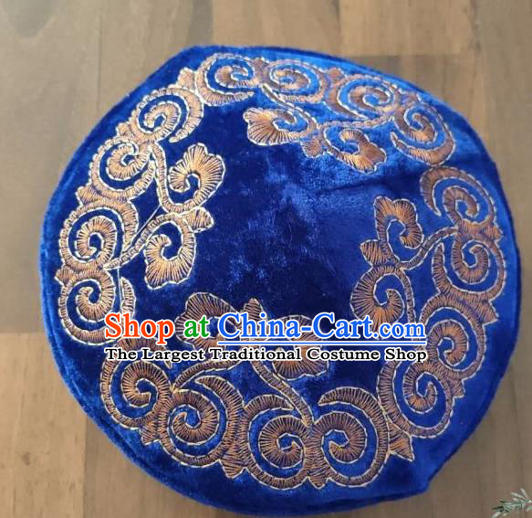 Chinese Traditional Kazak Minority Embroidered Royalblue Velvet Hat Ethnic Xinjiang Stage Show Headwear for Men